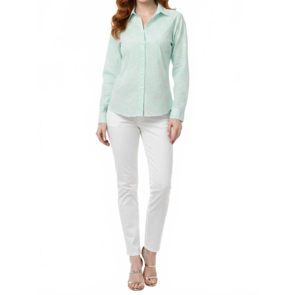 NEW HESTER & ORCHARD floral embroidered button-down shirt in aqua